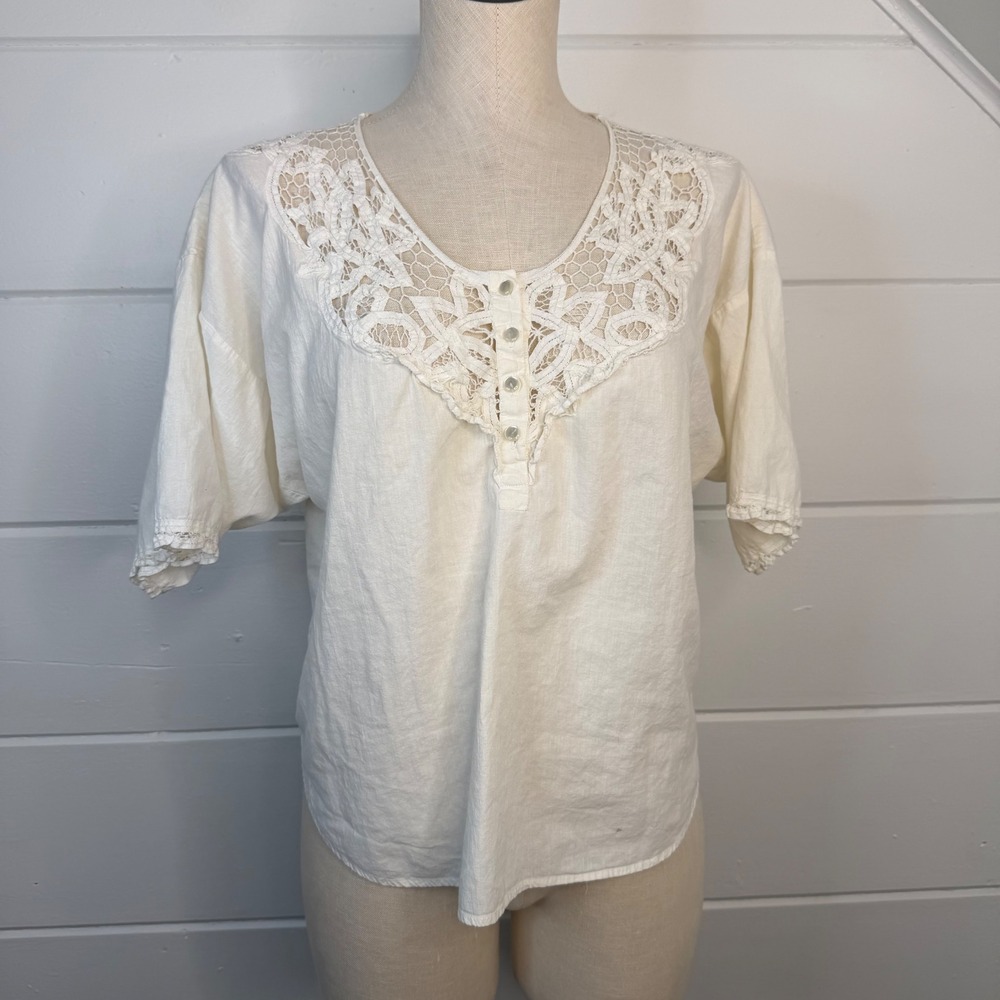 VTG Allison Rhea Large Lace Short Sleeve Shirt White Cotton V‎ Neck Minimalist